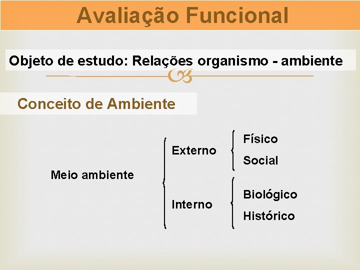 Avaliação Funcional Objeto de estudo: Relações organismo - ambiente Conceito de Ambiente Externo Físico Avaliação Funcional Objeto de estudo: Relações organismo - ambiente Conceito de Ambiente Externo Físico