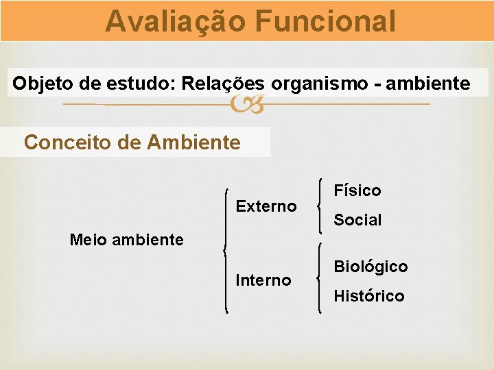 Avaliação Funcional Objeto de estudo: Relações organismo - ambiente Conceito de Ambiente Externo Físico