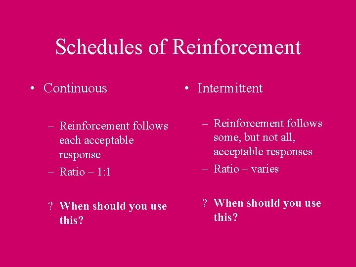 Schedules of Reinforcement • Continuous • Intermittent – Reinforcement follows each acceptable response –