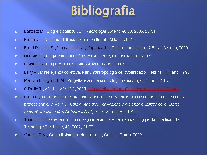 Bibliografia Banzato M. , Blog e didattica. TD – Tecnologie Didattiche, 38, 2006, 23