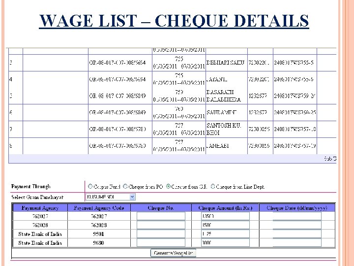 WAGE LIST – CHEQUE DETAILS 