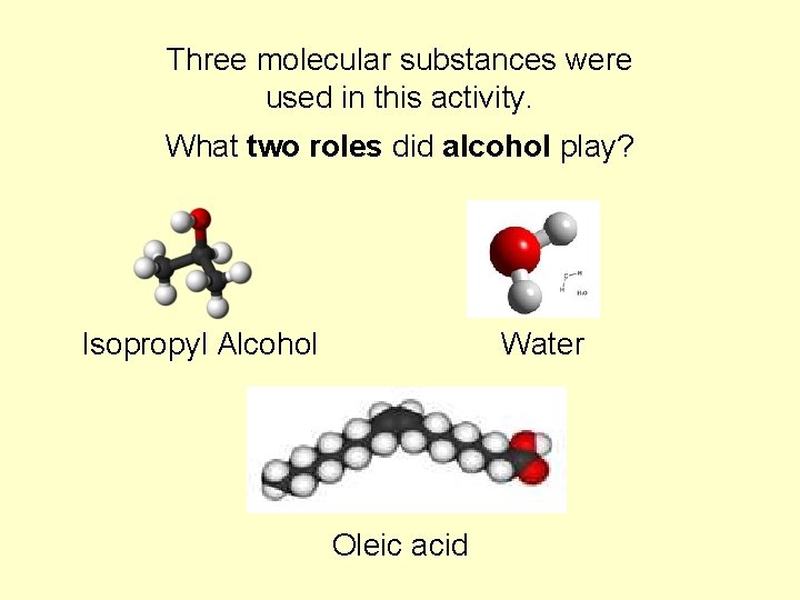 Three molecular substances were used in this activity. What two roles did alcohol play?