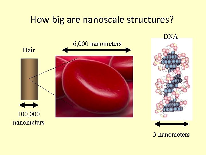 How big are nanoscale structures? Hair 6, 000 nanometers DNA . 100, 000 nanometers
