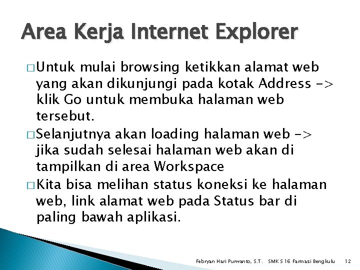 Area Kerja Internet Explorer � Untuk mulai browsing ketikkan alamat web yang akan dikunjungi