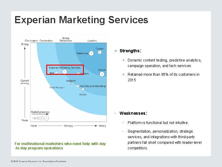 Experian Marketing Services + Strengths: + Dynamic content testing, predictive analytics, campaign operation, and