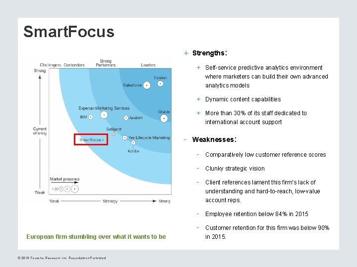 Smart. Focus + Strengths: + Self-service predictive analytics environment where marketers can build their