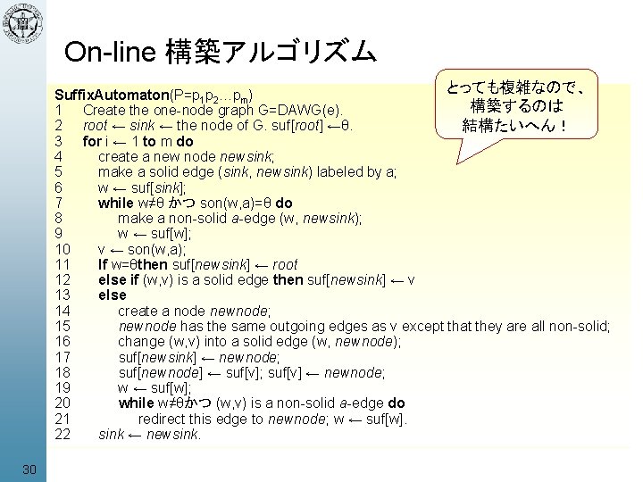 On-line 構築アルゴリズム とっても複雑なので、 Suffix. Automaton(P=p 1 p 2…pm) 構築するのは 1 Create the one-node graph