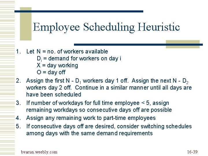 Employee Scheduling Heuristic 1. Let N = no. of workers available Di = demand Employee Scheduling Heuristic 1. Let N = no. of workers available Di = demand