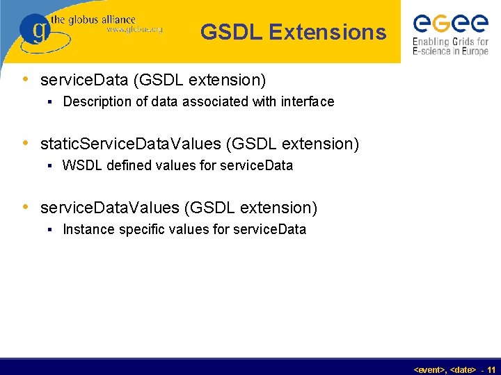 GSDL Extensions • service. Data (GSDL extension) § Description of data associated with interface