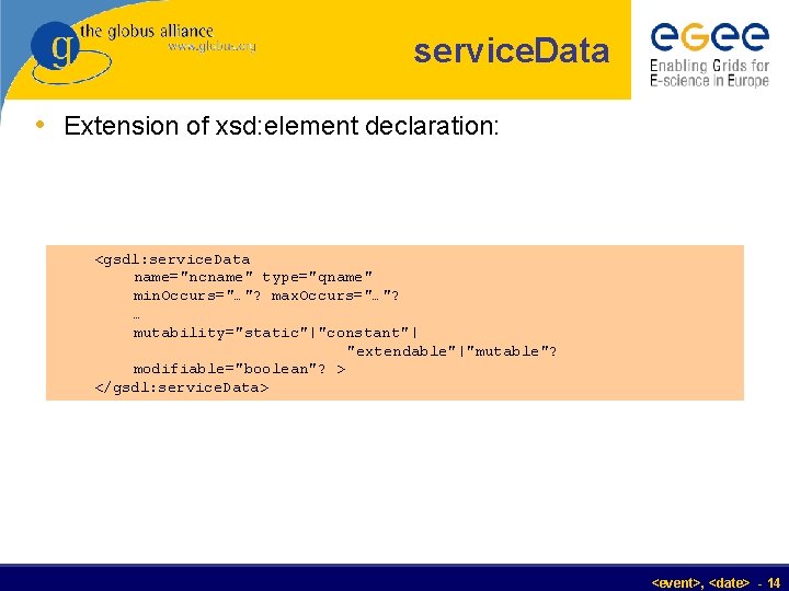 service. Data • Extension of xsd: element declaration: <gsdl: service. Data name="ncname" type="qname" min.