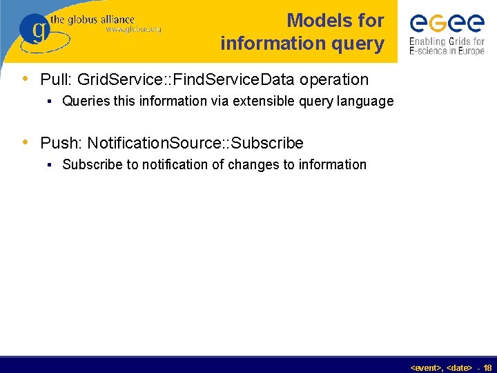 Models for information query • Pull: Grid. Service: : Find. Service. Data operation §