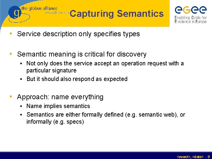 Capturing Semantics • Service description only specifies types • Semantic meaning is critical for