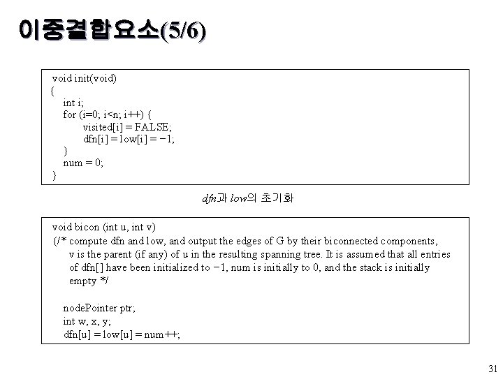 이중결합요소(5/6) void init(void) { int i; for (i=0; i<n; i++) { visited[i] = FALSE;