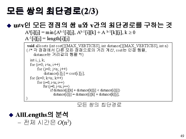 모든 쌍의 최단경로(2/3) u u v인 모든 정점의 쌍 u와 v간의 최단경로를 구하는 것