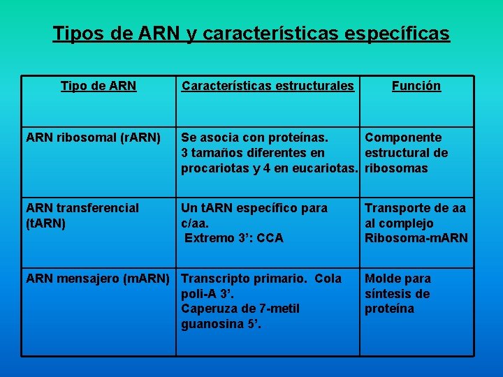 Tipos de ARN y características específicas Tipo de ARN Características estructurales Función ARN ribosomal