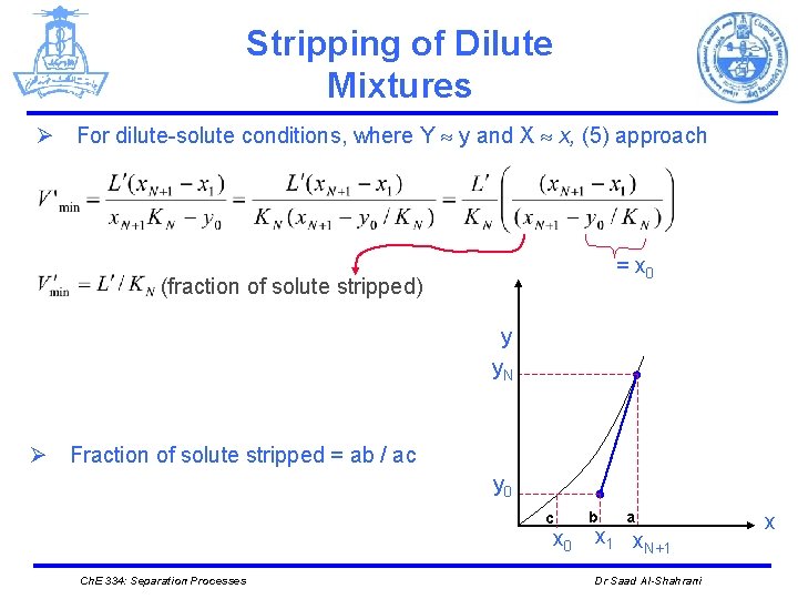 Stripping of Dilute Mixtures Ø For dilute-solute conditions, where Y y and X x,