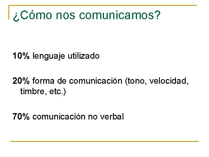 ¿Cómo nos comunicamos? 10% lenguaje utilizado 20% forma de comunicación (tono, velocidad, timbre, etc.