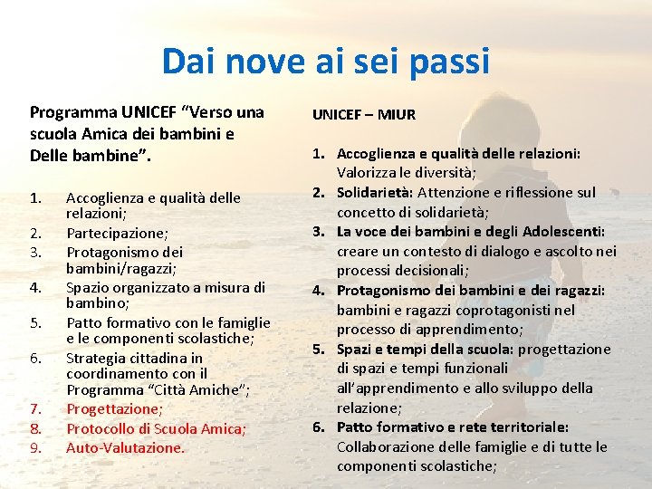 Dai nove ai sei passi Programma UNICEF “Verso una scuola Amica dei bambini e