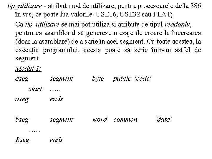 tip_utilizare - atribut mod de utilizare, pentru procesoarele de la 386 în sus, ce