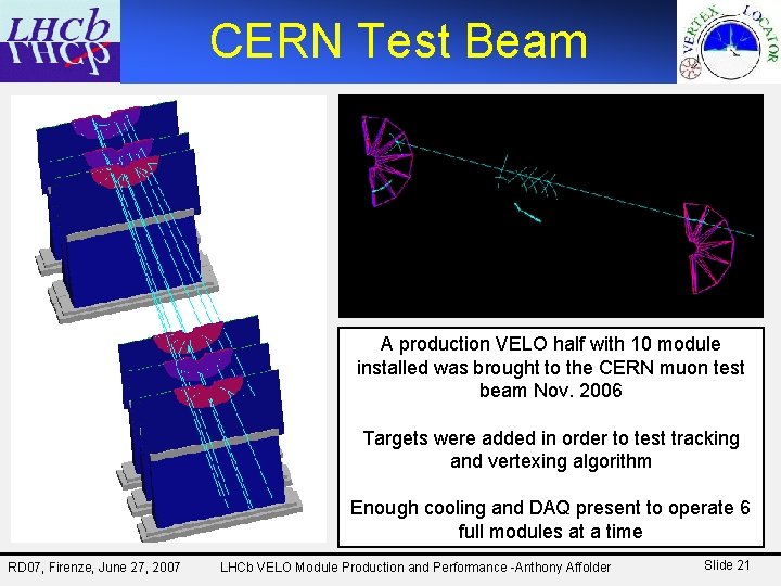 CERN Test Beam x y z A production VELO half with 10 module installed