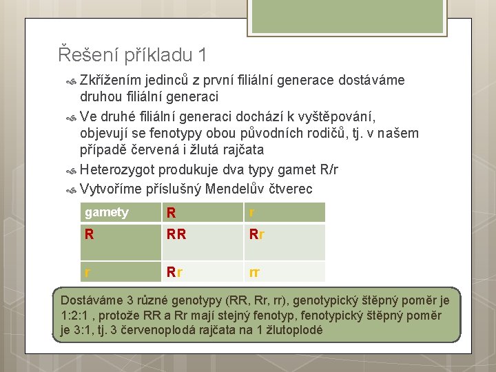 Řešení příkladu 1 Zkřížením jedinců z první filiální generace dostáváme druhou filiální generaci Ve