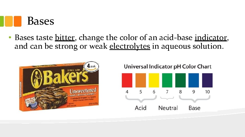 Bases • Bases taste bitter, change the color of an acid-base indicator, and can