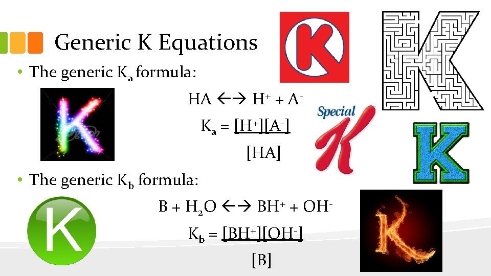 Generic K Equations • The generic Ka formula: HA H+ + AKa = [H+][A-]