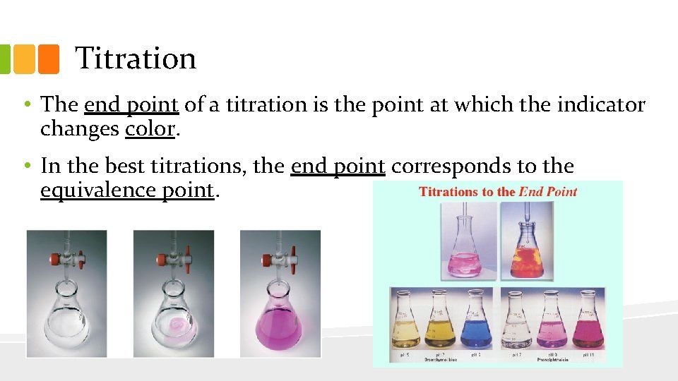 Titration • The end point of a titration is the point at which the