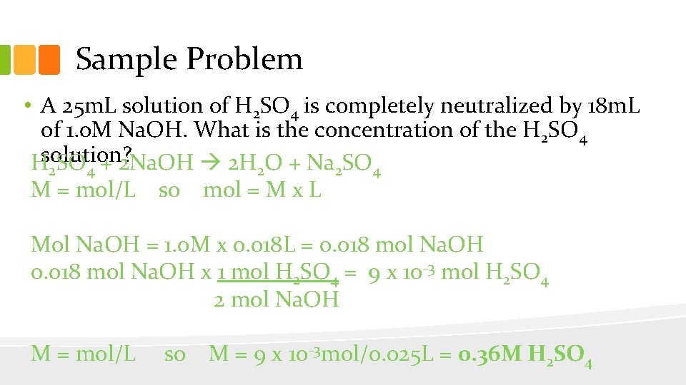 Sample Problem • A 25 m. L solution of H 2 SO 4 is