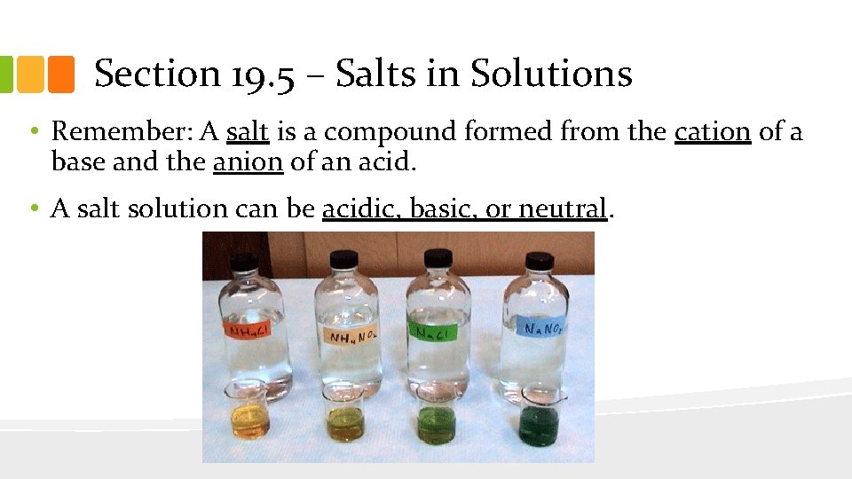 Section 19. 5 – Salts in Solutions • Remember: A salt is a compound