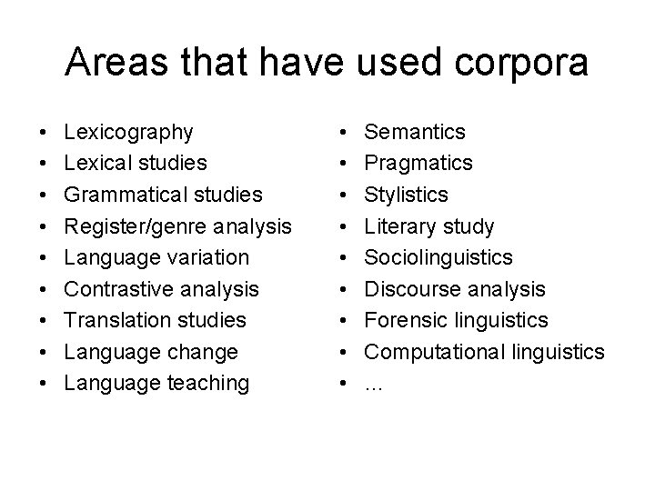 Areas that have used corpora • • • Lexicography Lexical studies Grammatical studies Register/genre