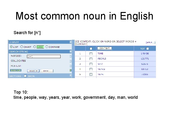 Most common noun in English Search for [n*] Top 10: time, people, way, years,