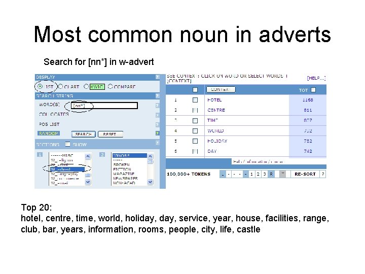 Most common noun in adverts Search for [nn*] in w-advert Top 20: hotel, centre,