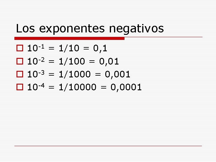 Los exponentes negativos o o 10 -1 10 -2 10 -3 10 -4 =