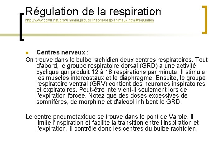 Régulation de la respiration http: //www. colvir. net/prof/chantal. proulx/Theorie/resp-animaux. html#regulation Centres nerveux : On