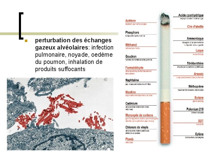 n perturbation des échanges gazeux alvéolaires: infection pulmonaire, noyade, oedème du poumon, inhalation de
