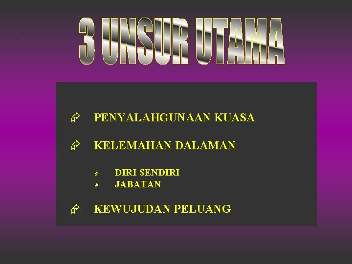 . Æ PENYALAHGUNAAN KUASA Æ KELEMAHAN DALAMAN Æ Æ Æ DIRI SENDIRI JABATAN KEWUJUDAN