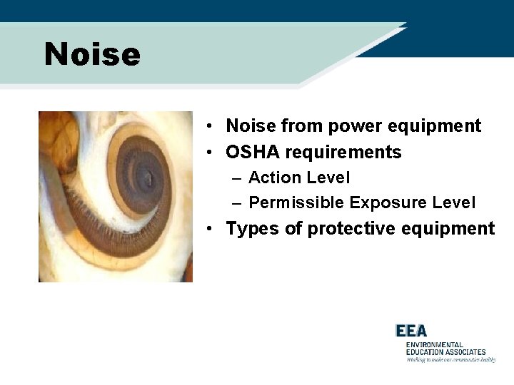 Noise • Noise from power equipment • OSHA requirements – Action Level – Permissible