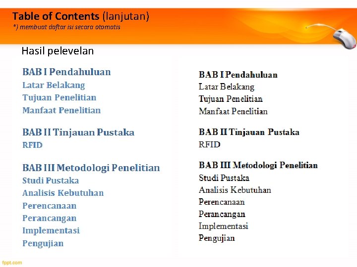 Table of Contents (lanjutan) *) membuat daftar isi secara otomatis Hasil pelevelan 