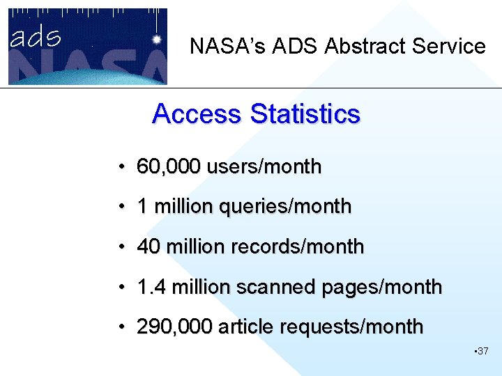 NASA’s ADS Abstract Service Access Statistics • 60, 000 users/month • 1 million queries/month