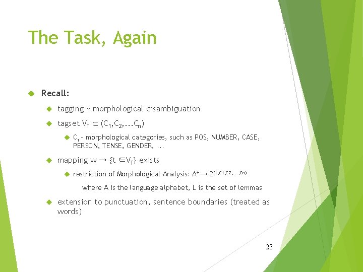 The Task, Again Recall: tagging ~ morphological disambiguation tagset VT Ì (C 1, C