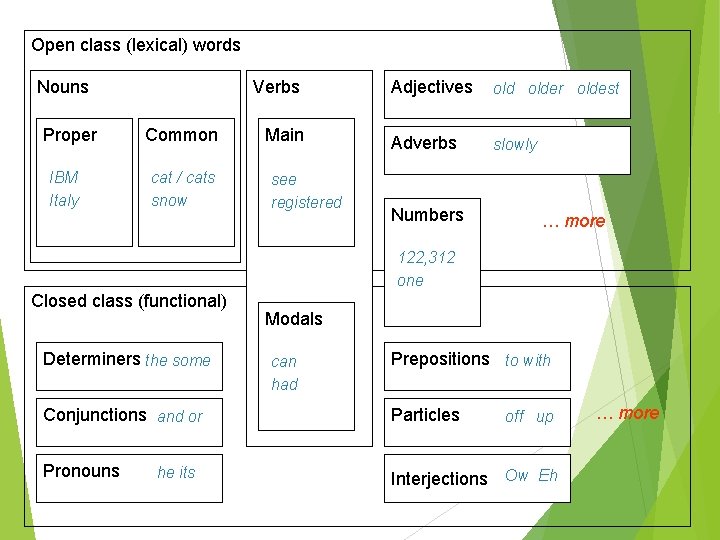 Open class (lexical) words Nouns Proper IBM Italy Verbs Common cat / cats snow