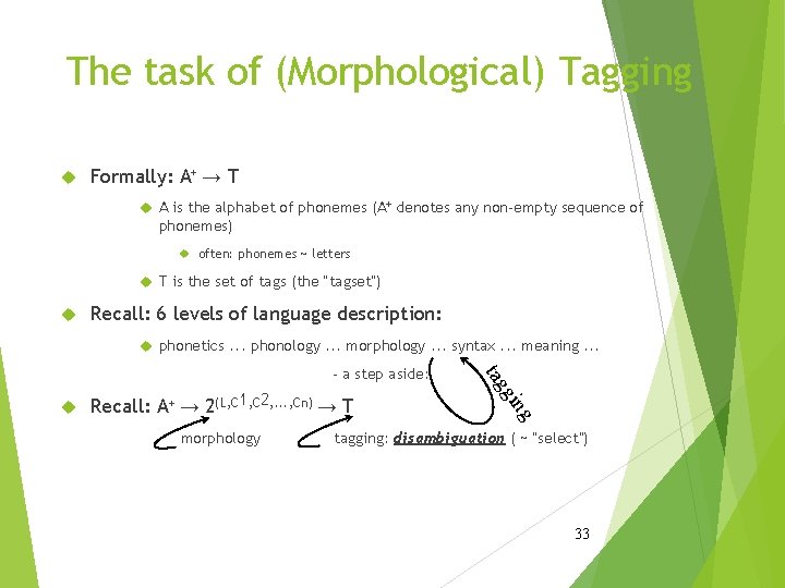 The task of (Morphological) Tagging Formally: A+ → T A is the alphabet of