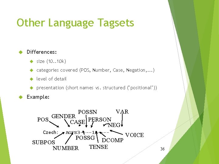 Other Language Tagsets Differences: size (10. . 10 k) categories covered (POS, Number, Case,