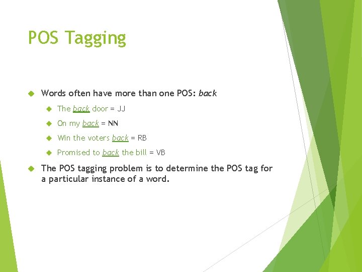 POS Tagging Words often have more than one POS: back The back door =