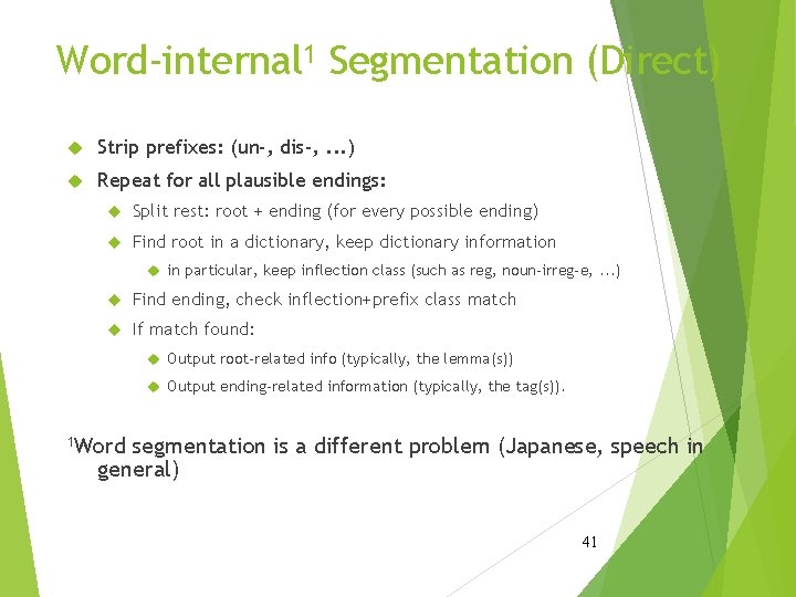 Word-internal 1 Segmentation (Direct) Strip prefixes: (un-, dis-, . . . ) Repeat for