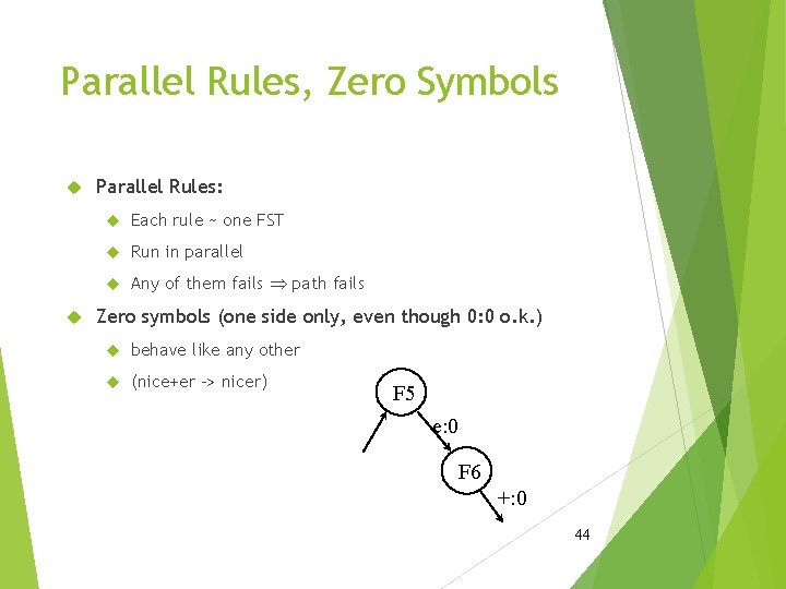 Parallel Rules, Zero Symbols Parallel Rules: Each rule ~ one FST Run in parallel