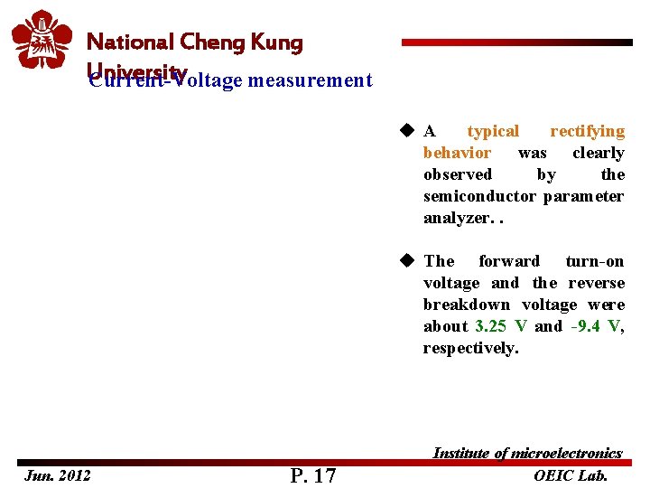 National Cheng Kung University Current-Voltage measurement u A typical rectifying behavior was clearly observed