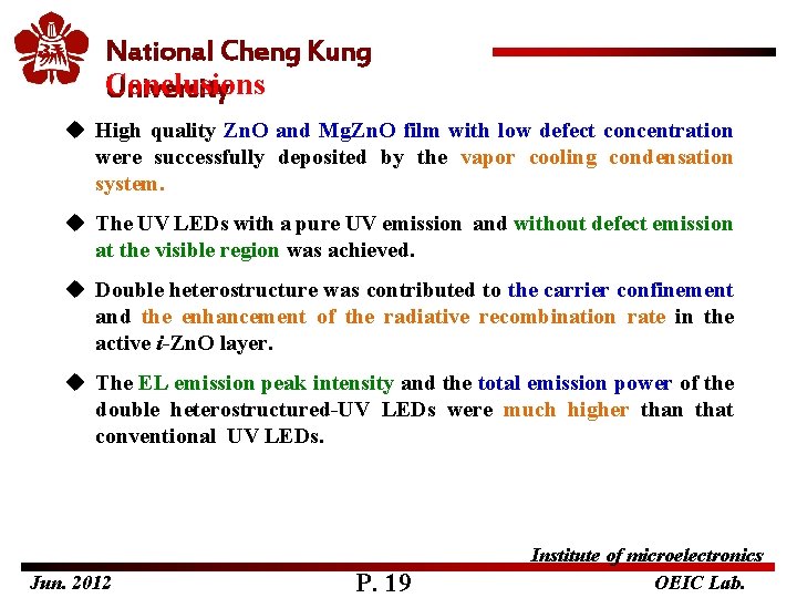 National Cheng Kung Conclusions University u High quality Zn. O and Mg. Zn. O