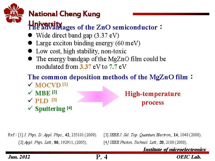 National Cheng Kung University The advantages of the Zn. O semiconductor： l l Wide